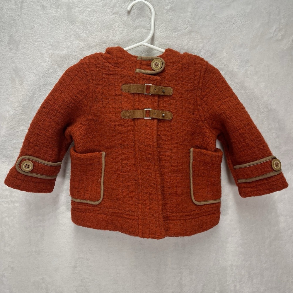 Zara Baby Wool Blend Coat Unisex Baby 9-12m Tab Detail Faux Fur Hood Winter Fall